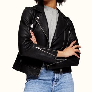 TOPSHOP Faux leather moto jacket- black silver zipper & snaps